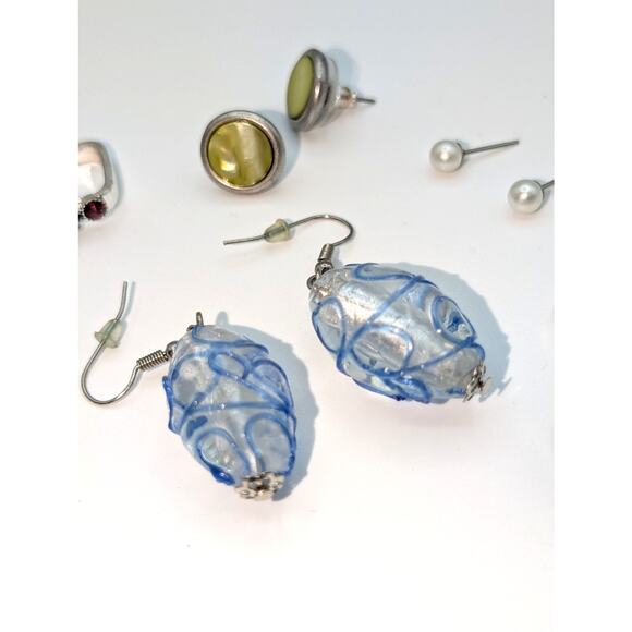 Lot of Nine Pair of Silver Tone Dangle, Post, Hoop Earrings - Picture 4 of 8